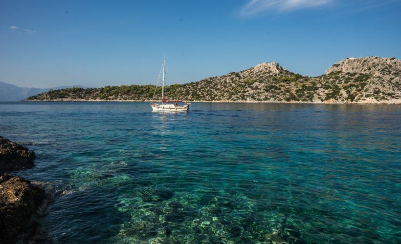 Scenic Seafront and the beach near  town of Scala, Agistri Island,  Greece